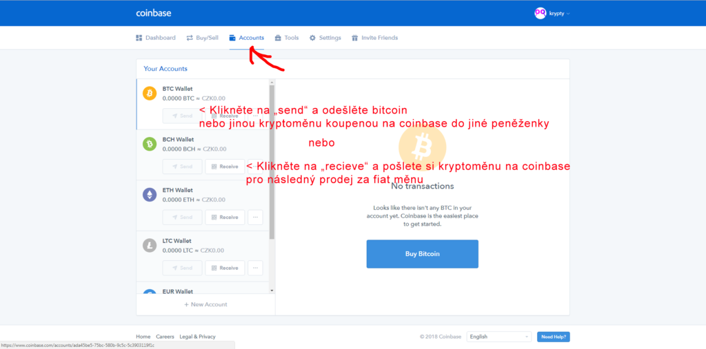 Odeslání Bitcoinu z Coinbase