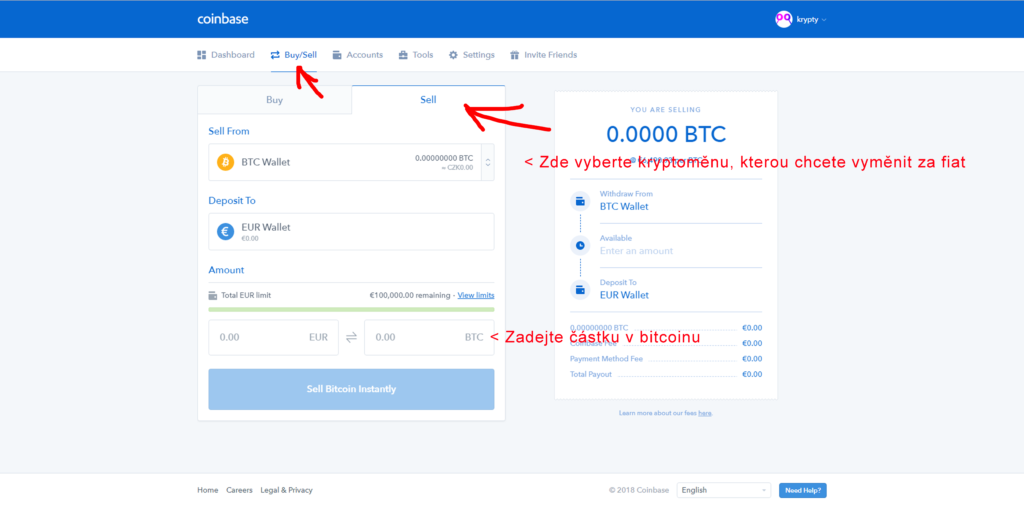 Prodej Bitcoinu na Coinbase