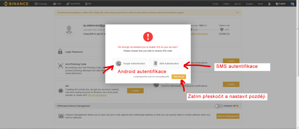 binance autentifikace