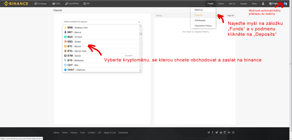 binance deposits - převod kryptoměny na burzu binance