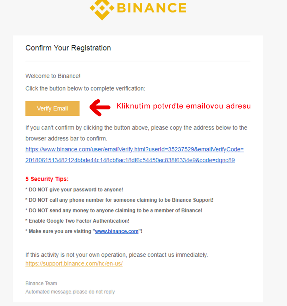 binance potvrzení emailu