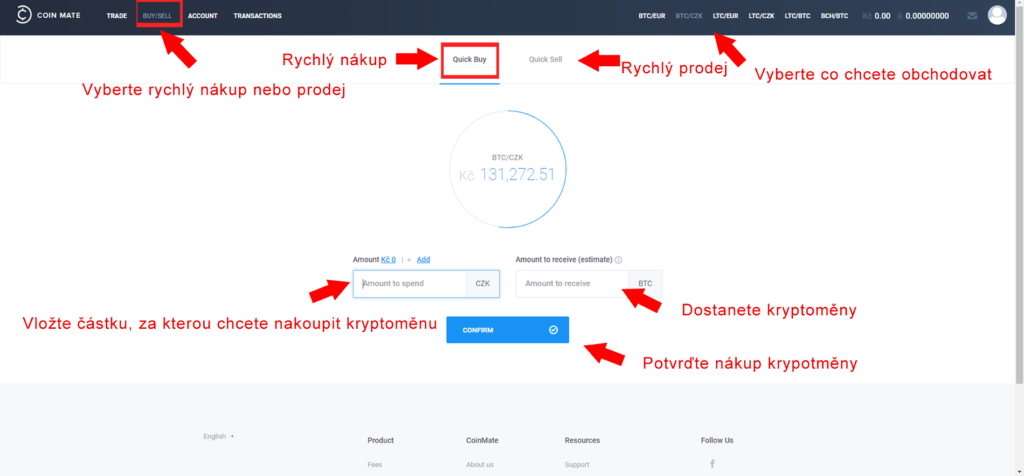 coinmate nákup kryptoměny - příklad bitcoin za czk