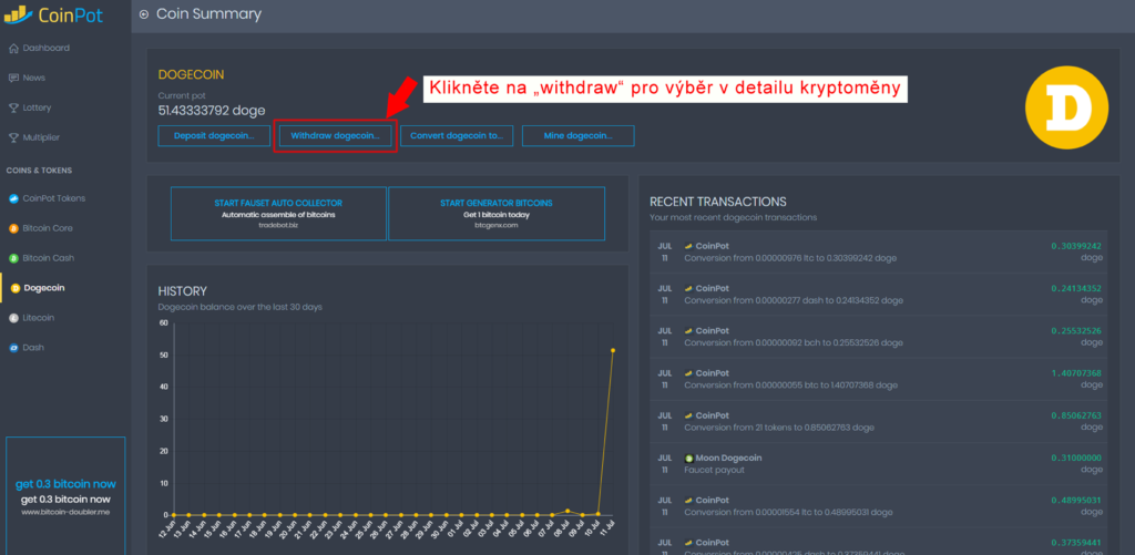 Výběr kryptoměny z Coinpot 