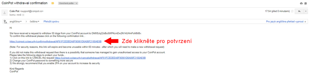 email pro potvrzení transakce