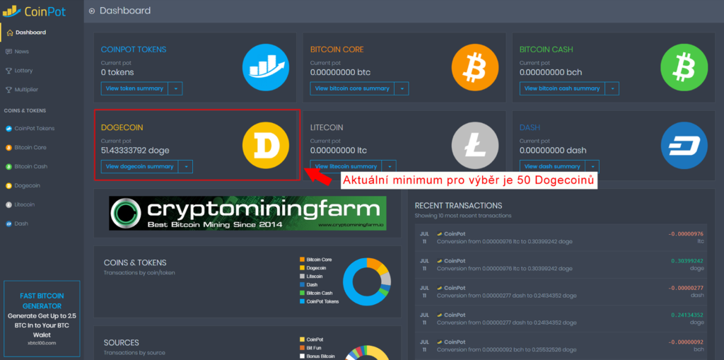 Minimum výběru na Coinpot